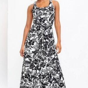 LOFT Tropical Print Midi Scoop Neck Belted Dress, Black/White - Medium Petite